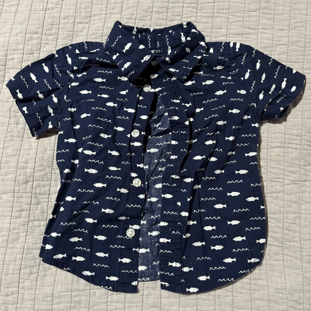 Healthtex Navy Button Down Shirt with Fish Pattern